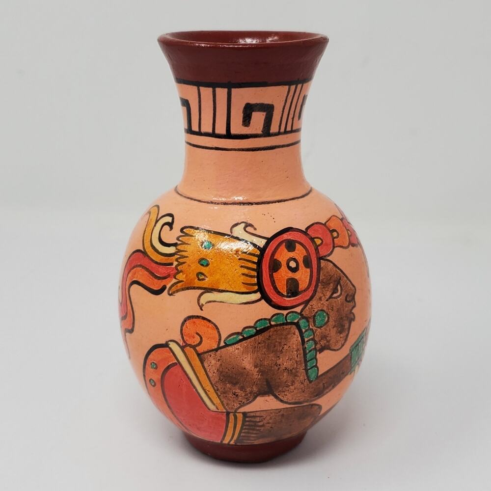 Vintage Hand Painted Native theme 6" tall thin neck pottery vase